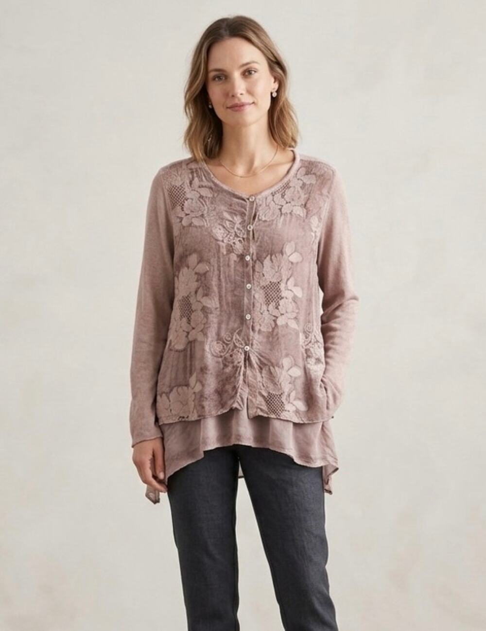 SCANDAL Italy Embroidered Button Front Cardigan Tunic Top Lagenlook Layered Sz L